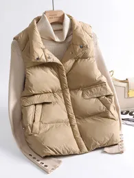 Kvinnorjackor Autumn Winter Ultra Light Thin Duck Down Jacka Women Quilted Short Warm Basic Vest Casual Pocket Waistcoat 230908