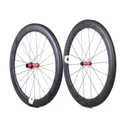 Evo Carbon Road Bike Wheels 60mm Djup 25mm Bredd Full kolklincher Tubular Wheelset med raka dragnav Anpassningsbara LOGO180E