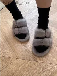 Slippers Designer Slides Luxury Mink Fur Slippers Real Mink Hair Sandals Double Buckle Fur Shoes For Women Fluffy Slides # H0914 Q230909