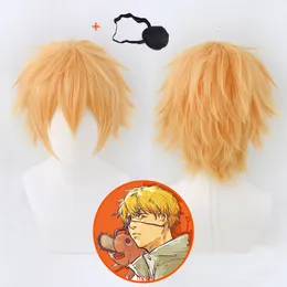 Cosplay perukları anime testere adamı denji cosplay peruk altın kısa peruk gözler yama ısıya dirençli lifli saçsız peruk parti rolü oyun erkekler 230908