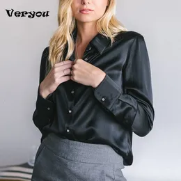 Kvinnors blusar Skjortor Elegant svart vit skjorta Kvinnor Spring Autumn Long Sleeve Silk Satin Bluses For Women Fashion Slå ner krage -knapptröja 230908