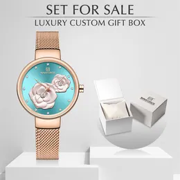 Novo naviforce ouro rosa relógios femininos vestido relógio de quartzo senhoras com caixa luxo feminino relógio de pulso menina conjunto para 197n