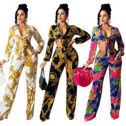 Two Piece Set Women Sexy Bandage Crop Top and Wide Leg Pants Print Outfits Free Ship