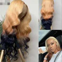 IShow brasiliansk 13 1 del 13x4 transparent spets fram peruk kroppsvåg gult grönt mänskligt hår peruk brun ingefära blond blå lila o231r