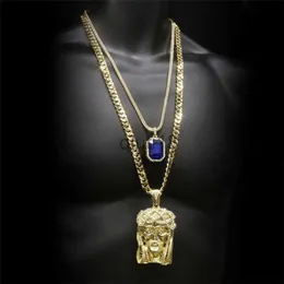 Colares Pingente Hip Hop Golden Coroado Jesus Cabeça Pingente Gelado Quadrado Gem Cristal Colar Conjunto Cadeia Cubana X0909