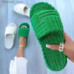 Slippers New Indoor Women Fur Slippers Fluffy Soft Furry Slides Thick Flats Heel Non Slip House Shoes Ladies Luxury Design Towel Slippers H0914 Q230909
