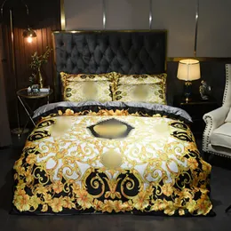 Luxo padrão designer conjuntos de cama 4 pçs conjunto ouro impresso seda rainha rei tamanho capa edredão folha moda fronhas256b