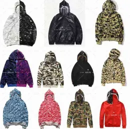 Camo Zip-Front Shark Men Hoodie Comouflage 인쇄 셔츠 셔츠 목욕 원숭이 가디건 후드 힙합 편지 긴 슬리브 플러시 남성 여성