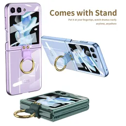 Samsung Galaxy Z Folding Flip4 Flip5 5G Slim Ring Holder Full Protective Soft Mememembrane Clear Plating Fold Shell SholkProofの豪華な透明な流行電話ケース