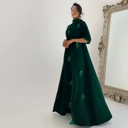 Dark Green A Line Mother Of The Bride Dresses Bead Neck Half Sleeve Feather Formal Evening Gown Satin Floor Length Arabic Dubai Vestidos De Fiesta 326 326