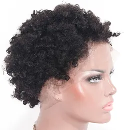 Frente do laço perucas de cabelo humano pré arrancado afro kinky encaracolado brasileiro curto remy peruca nós descorados para preto women291q