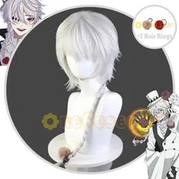 Cosplay Wigs Anime Bungo Stray Dogs säsong 4 Nikolai Gogol Cosplay White Grey Braid Hair med 2 hårringar värmebeständigt fiber hår peruk cap 230908