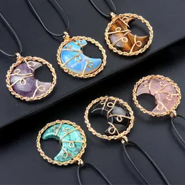 Tråd inpackning av månen naturlig stenhänge halsband Amethyst Rose Quartz Turquoise Crystal Necklaes smyckespresent
