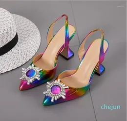 Kleidschuhe Regenbogenfarbe Frauen Sandalen Spitzschuh Sun Style Strass High Heels Jäten Spike Heel Slingback Pumps