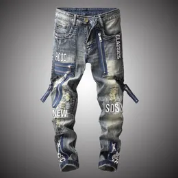 2020 New Fashion Vintage Moto Biker Jeans Uomo Hip Hop Streetwear Pantaloni in denim strappati Pantaloni con cerniera Maschile Abiti slim fit BP011292f
