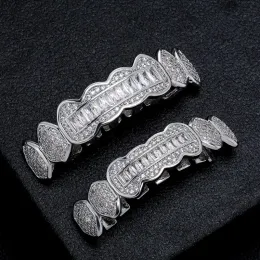 New Fashion Grills Silver Gold Plated Full Bling Baguette CZ Teeth Grillz Top Bottom Grills Set Jewelry Gifts for Men