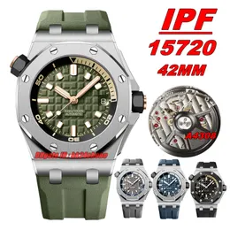 IP Factory Watches IPF 15720 Rostfritt stål 42mm Cal.4308 Automatisk herrklocka Army Green Dial Rubber Strap Gents armbandsur