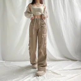 Zweiteilige Damenhose, amerikanische Retro-Volltonfarbe, große Tasche, hohe Taille, Krawattenoverall, weibliche Ins, lockere Straße, Hip-Hop-Persönlichkeit, gerade Hose 230909