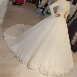 Abiti da sposa bianchi con abiti da ballo Abiti da sposa avorio Abiti da cerimonia convenzionali con maniche lunghe e cerniera con lacci Taglie forti Nuovo pizzo tulle con collo alto personalizzato