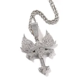 Hip Hop Rapper Men shiny diamond pendant gold necklace diamond crucifix angel wing pendant zircon jewelry night club accessory sweater rope chain 24inch 1831