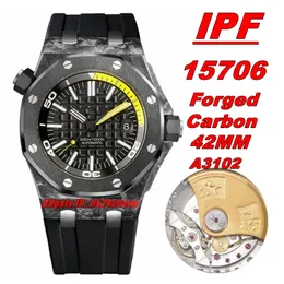 IP Factory Watches IPF 15706 Кованый карбон 42 мм Cal.3120 Автоматические мужские часы Керамический безель Черный циферблат Каучуковый ремешок Мужские наручные часы