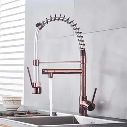 Black Rose Gold Spring Kitchen kran Dra ner sidosprutan Dual pip kran däck monterad mixer kallt vatten338w