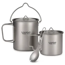 Camp Kitchen Lixada Lightweight 3 Pieces Set 750ml Pot 350ml Water Cup Mug with Lid Collapsible Handle for Outdoor Camping 230909