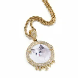 Catena d'oro hip-hop goccia d'acqua rotonda Collana con ciondolo foto personalizzato fai-da-te uomo luce di lusso nicchia rame diamante cornice coppia pendente all'ingrosso 24 pollici 1826