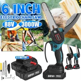 3000W 6 tum 88V Mini Electric Chain Saw med 2st Battery Woodworking Cutter Pruning Chainsaw Garden Logging Saw Power Tool 21102249n