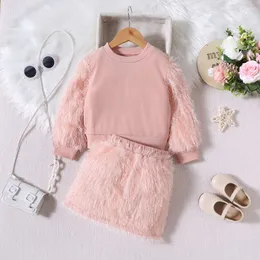 Small And Medium-sized Children's Set Autumn And Winter Solid Color Pullover Fur Long Sleeves And Short Skirt Fashion Two-piece Set Dress Suit For Winter Outdoor Wear