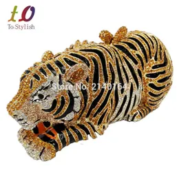 Todo-elegante animal tigre diamante saco de noite ouro luxo diamante cristal bolsa embreagem casamento elegante festa noiva banquete pu223s