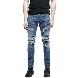 Moruancle varumärkesdesigner Mens rippade cyklist jeans hi-street nödställda moto denim joggers byxor läder lapptäcke svart blå273a