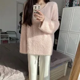 Kadın Sweaters Boşta Stil Orta Uzunluklu Seksi Kadın Yeni Gevşek Büyük Boyut Varlık V Yastık Sahte Kaşmir Sweater