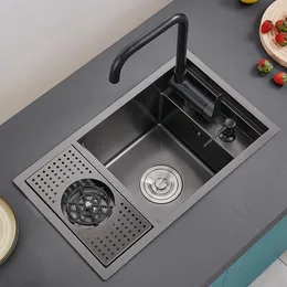 Svart liten storlek Hidden Kitchen Sink Single Bowl Bar Sink Rostfritt stål balkong Sänk dolda svart med koppbricka bar287y