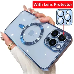 Pläteringsmagnet för magsafe trådlösa laddningsfodral med kameralinsglasskydd transparent mjuk TPU -stötsäker för iPhone 15 14 13 12 11 Pro Max XR X XS 8 7 Plus