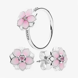 Fleur rose Ensembles de bijoux mignons Bague et boucle d'oreille avec boîte d'origine pour Pandora 925 Bagues en argent sterling Boucles d'oreilles pour femmes218q