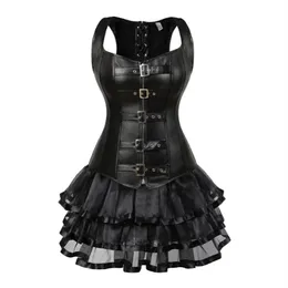 Bustiers espartilhos steampunk espartilho rendas até costas cintura trainer corpo shaper fivela bustier overbust vestido de couro mini saia tutu191d