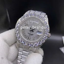 Prong Set Diamond Men's Watch Full Iced Wristwatch Silver Rostfritt stål Fodral Diamond Strap 43mm Automatiska män Watches239m