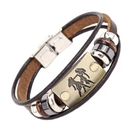 Aggiornamento 12 Constell Horscope Bracciale con ciondolo Etichetta identificativa Braccialetti avvolgenti multistrato in pelle Bracciale con polsino Gioielli di moda