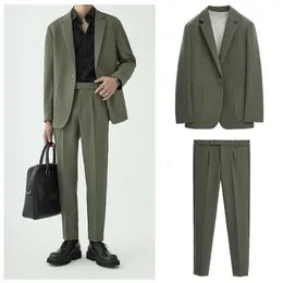 Erkeklerin izleri takım elbise stes bahar sonbahar gündelik pantolon gevşek erkek ceket düz renk bir düğme üst pantolon iki parça takım 230909