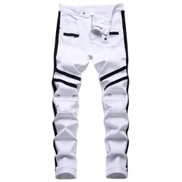 Mäns jeans punk män blixtlås hiphop slim fit vit cykel elastisk delning denim byxor bomull mode casual jogging manliga kläder 230909