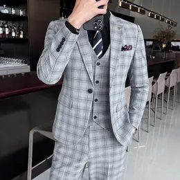 Men's Suits Blazers JacketVestPantsClassic Plaid Business Social Formal Wear Slimfit Banquet Dress 3piece Set 230909