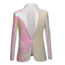 Erkekler saf beyaz pembe pullu şal yaka takım elbise blazer çift yan moda erkek balo elbise ceket ceket gece kulübü şarkıcı slim fit ıxe311u