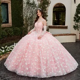 Różowy błyszczące motyle łuk jasnoniebieski tiul sukienki quinceanera sukienki do piłki bez rękawów Słodka szesnastka sukienki vestidos de sukni