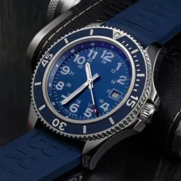 Breit Super Ocean Mechanical Watch Men 's Fashion Blue Dial Automatic Mens 시계 블루 베젤 실버 케이스 고무 스트랩 신사 SPO327Q