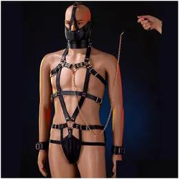 Andra hälsoskönhetsartiklar Militära figurer Male Slave Suit Justerbar bdsm bondage läder set kyskhetskläder penis bur handbojor h dhhk4