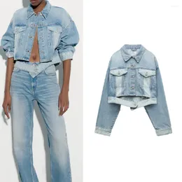 Jaquetas femininas Mulheres Denim Jaqueta Design Sensação de Cor Combinando Sping Curto Versátil Lapela Jeans Casaco