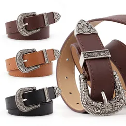 Kvinnors retro Pin Buckle Belt Vintage Carved Pu Leather Gotic Casual Mode All-Match Belt Dress Waistband Luxury Brand