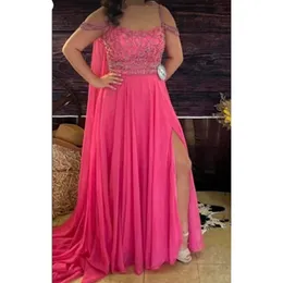 2023 Chiffon Formal Dresses Evening Gowns Hot Pink Straps Ribbons Side Split Sexy Long Women Party Special Occasion Dress Beaded Sleeveless Prom Wear
