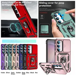 Metal Finger Ring Bracket Car Holder Cases For Samsung S23 FE Ultra S22 Plus Note 20 A14 A54 A34 A14 M33 M53 A04 A33 A53 A73 PC TPU Hybrid Sliding Cover For Peep Protecter